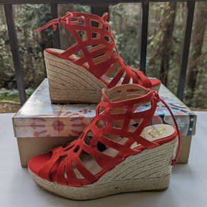 KANNA Cortina Espadrilles in Red Suede Leather Platform Wedge Size US 7 EU 37
